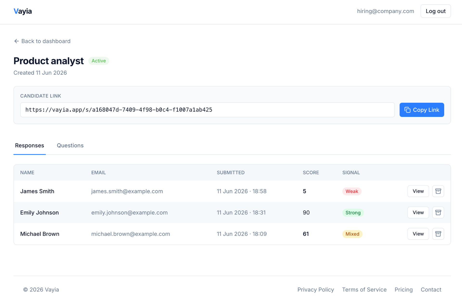 AI-scored candidate responses in the Vayia dashboard